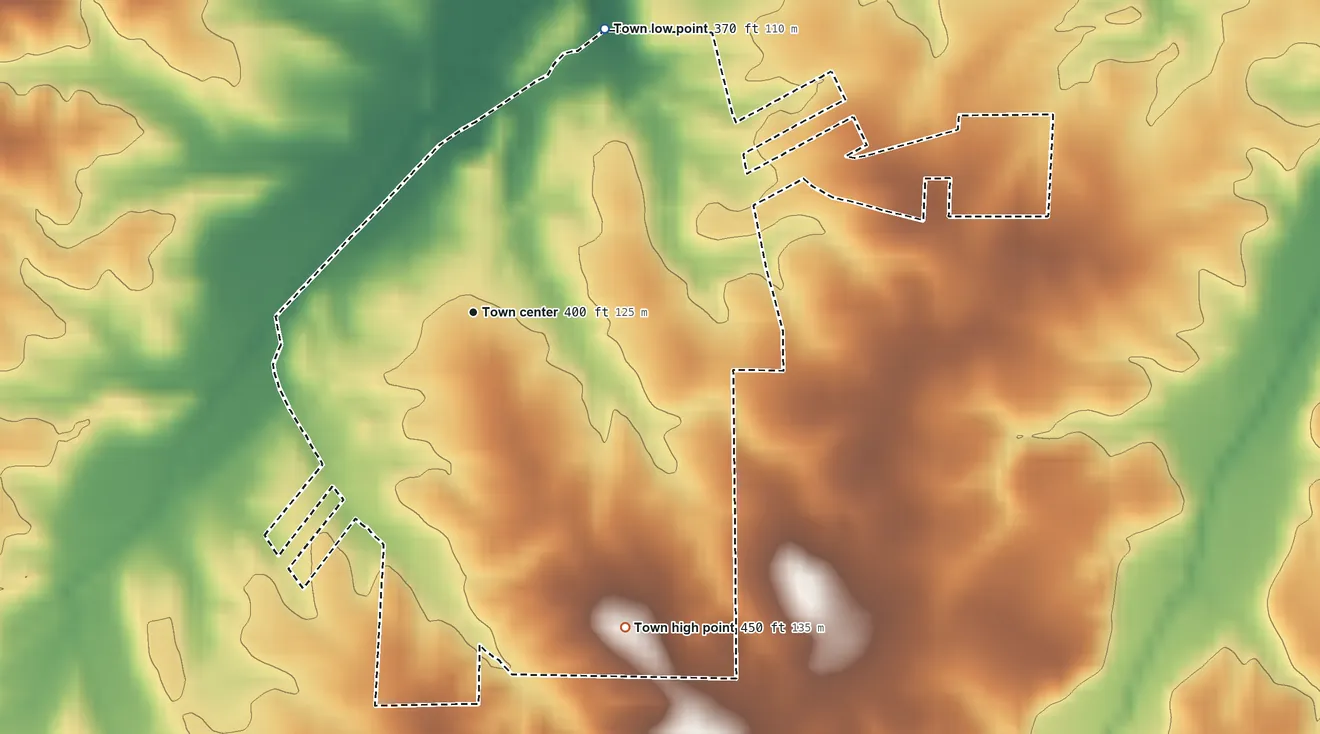 Topographic elevation map of Gibson, Tennessee, shaded from 370 ft on the northeast side to 450 ft on the southeast side