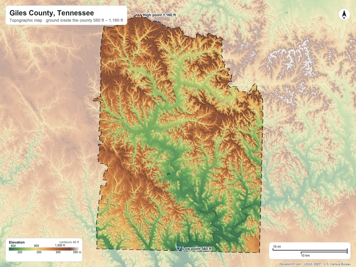 Topographic elevation map of Giles County, Tennessee, shaded from 560 ft on the south side to 1,160 ft on the north side