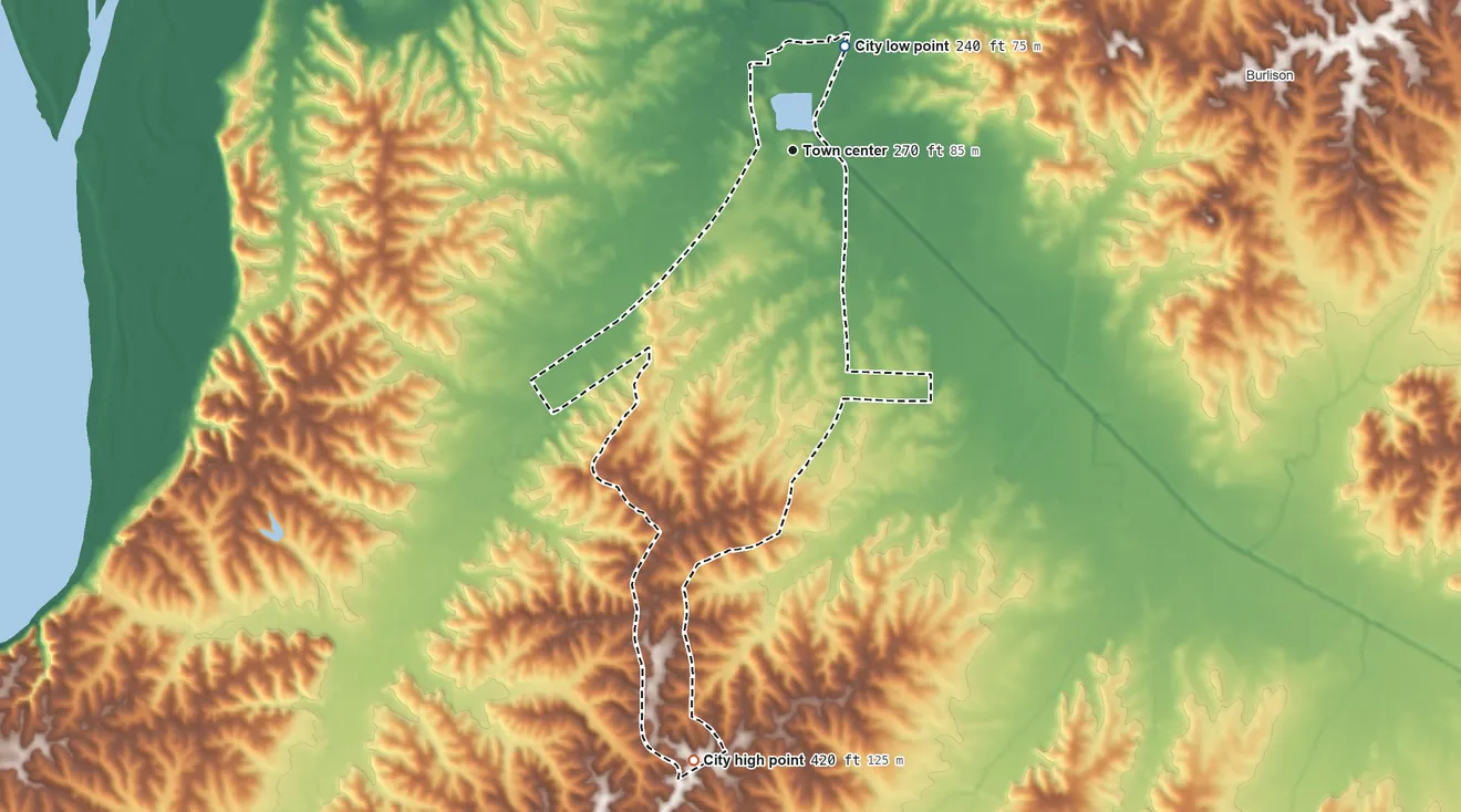 Topographic elevation map of Gilt Edge, Tennessee, shaded from 240 ft on the northeast side to 420 ft on the south side