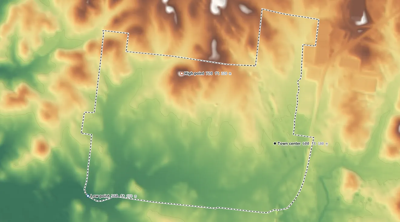 Topographic elevation map of Gladeville, Tennessee, shaded from 560 ft on the west side to 720 ft on the northwest side