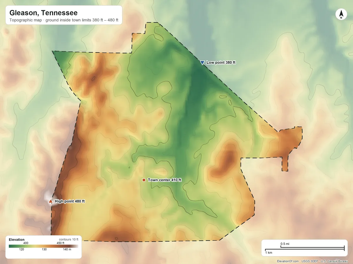 Topographic elevation map of Gleason, Tennessee, shaded from 380 ft on the northeast side to 480 ft on the west side