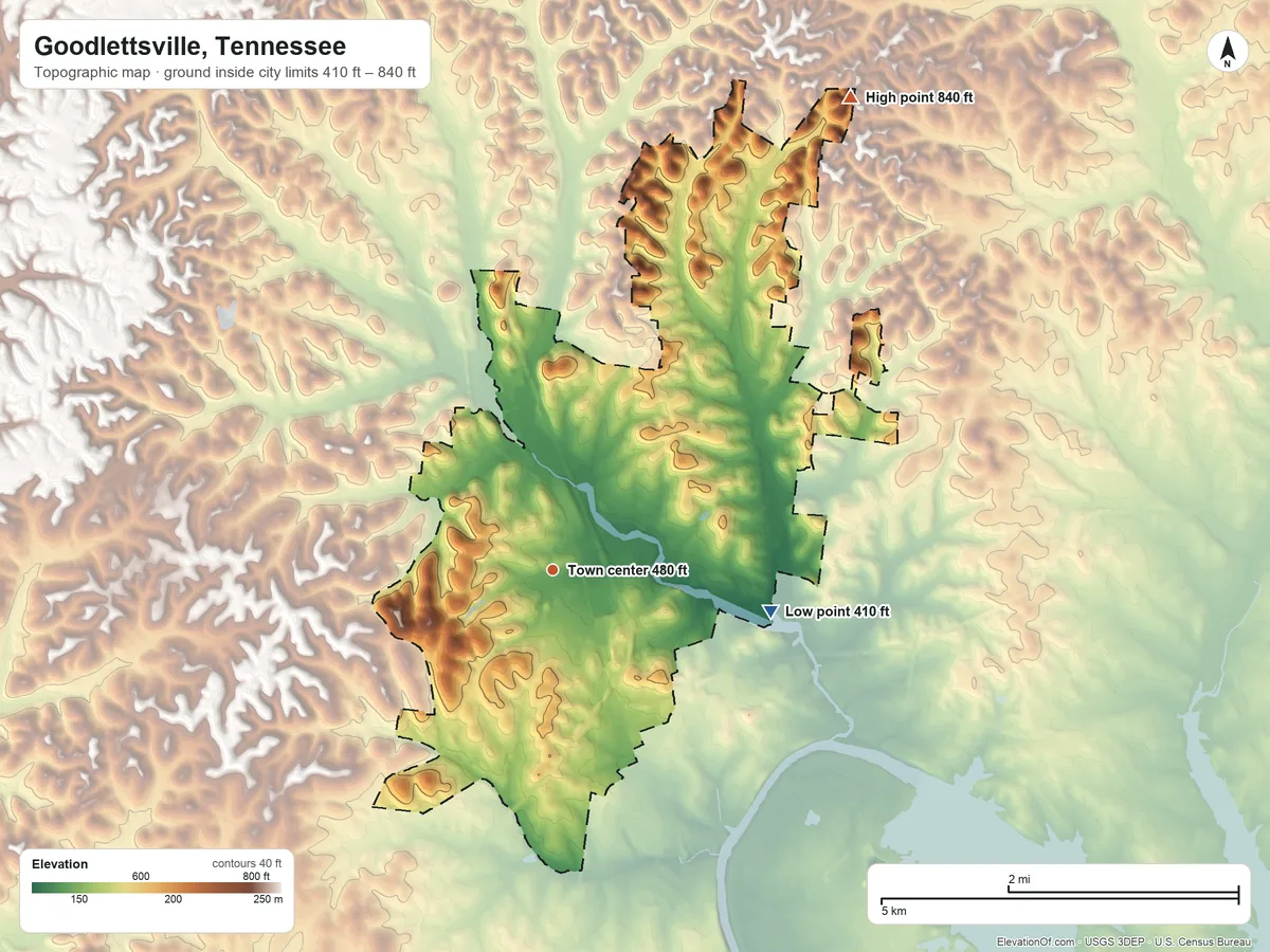 Topographic elevation map of Goodlettsville, Tennessee, shaded from 410 ft on the east side to 840 ft on the northeast side