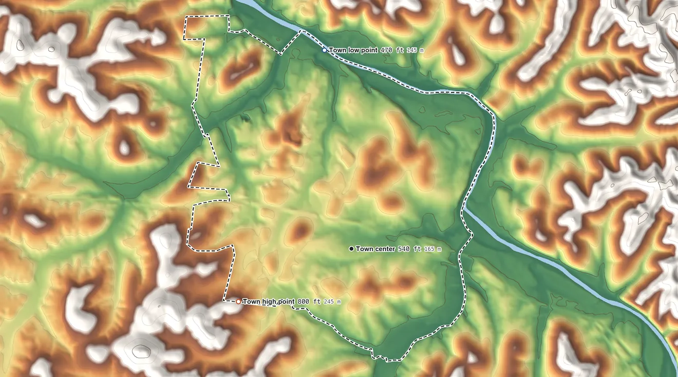 Topographic elevation map of Gordonsville, Tennessee, shaded from 470 ft on the north side to 800 ft on the southwest side
