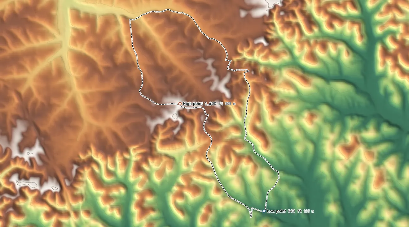 Topographic elevation map of Graball, Tennessee, shaded from 640 ft on the southeast side to 1,000 ft on the west side