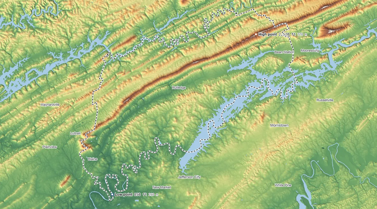 Topographic elevation map of Grainger County, Tennessee, shaded from 850 ft on the southwest side to 2,520 ft on the northeast side