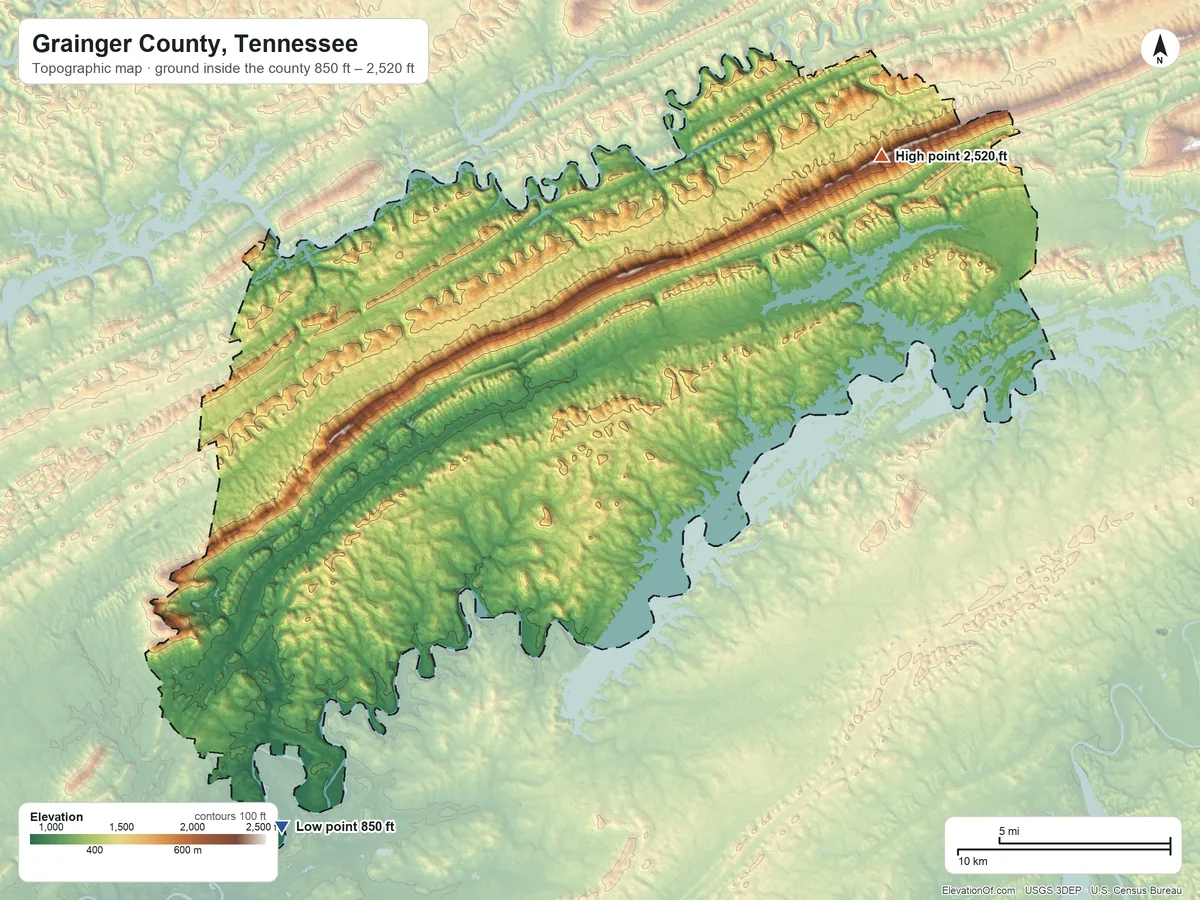 Topographic elevation map of Grainger County, Tennessee, shaded from 850 ft on the southwest side to 2,520 ft on the northeast side