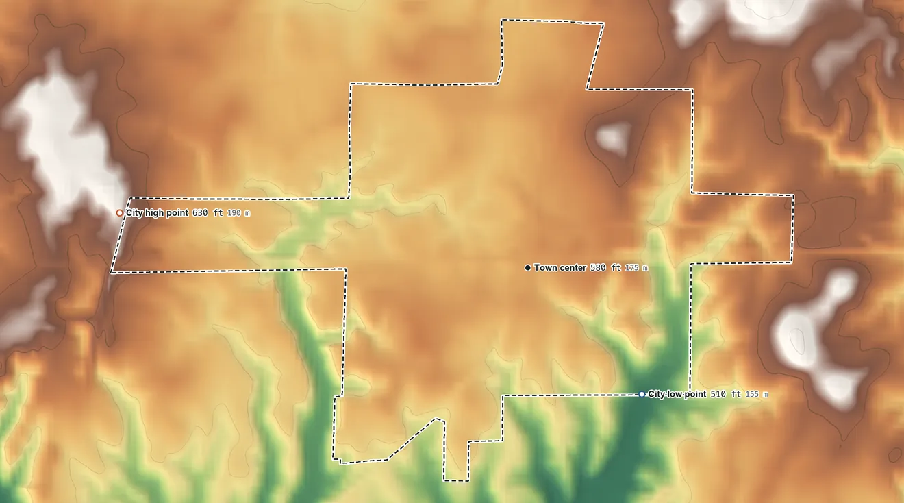 Topographic elevation map of Grand Junction, Tennessee, shaded from 510 ft on the southeast side to 630 ft on the west side