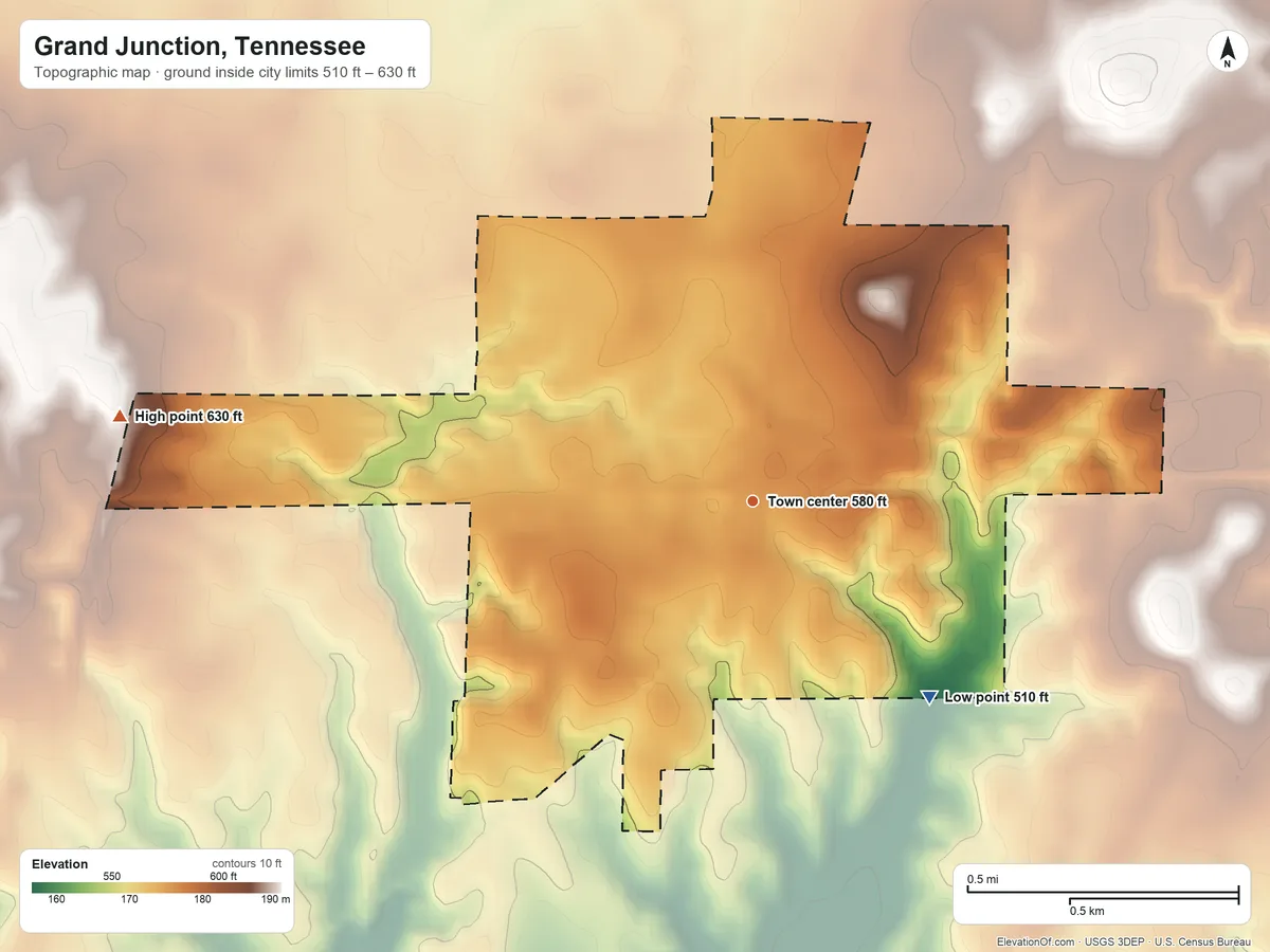 Topographic elevation map of Grand Junction, Tennessee, shaded from 510 ft on the southeast side to 630 ft on the west side