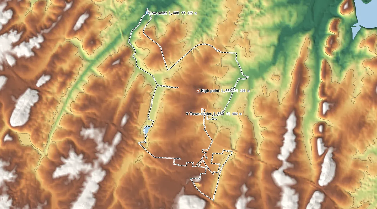 Topographic elevation map of Gray, Tennessee, shaded from 1,400 ft on the north side to 1,630 ft on the northeast side