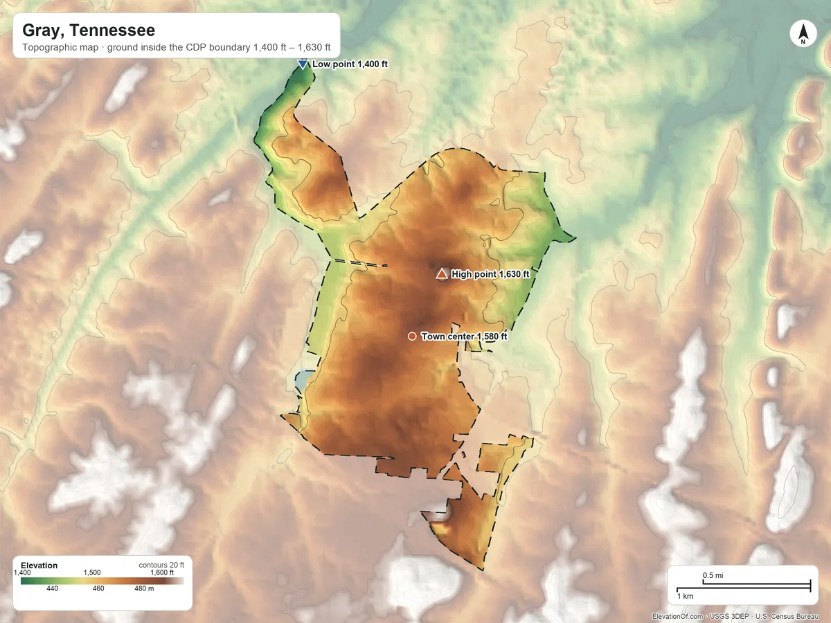 Topographic elevation map of Gray, Tennessee, shaded from 1,400 ft on the north side to 1,630 ft on the northeast side
