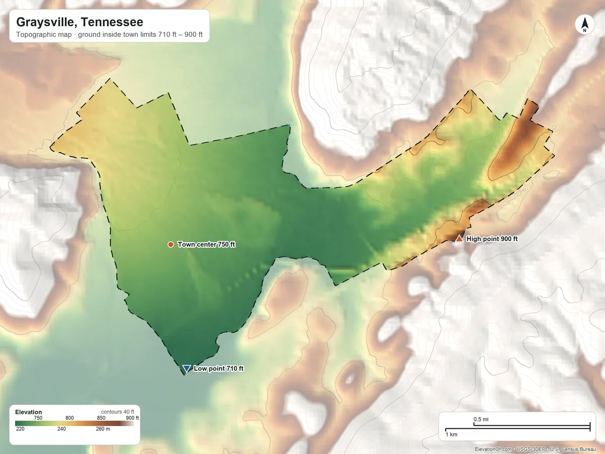 Topographic elevation map of Graysville, Tennessee, shaded from 710 ft on the south side to 900 ft on the east edge, below higher ground just outside