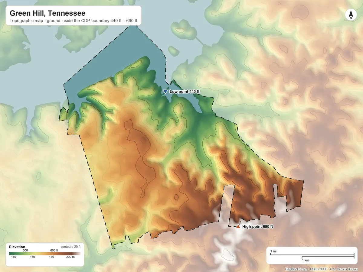Topographic elevation map of Green Hill, Tennessee, shaded from 440 ft on the north side to 690 ft on the southeast side