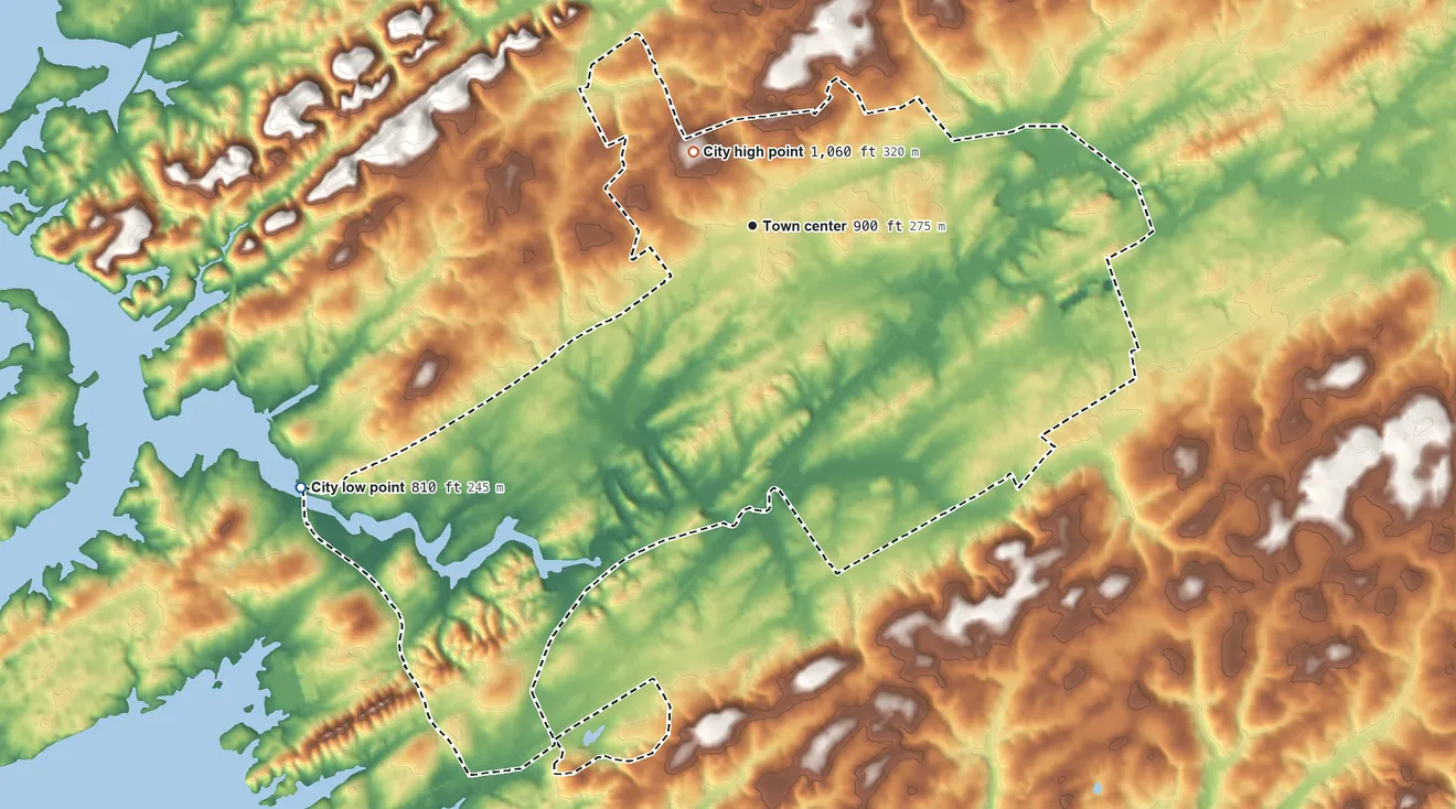 Topographic elevation map of Greenback, Tennessee, shaded from 810 ft on the southwest side to 1,060 ft near the middle