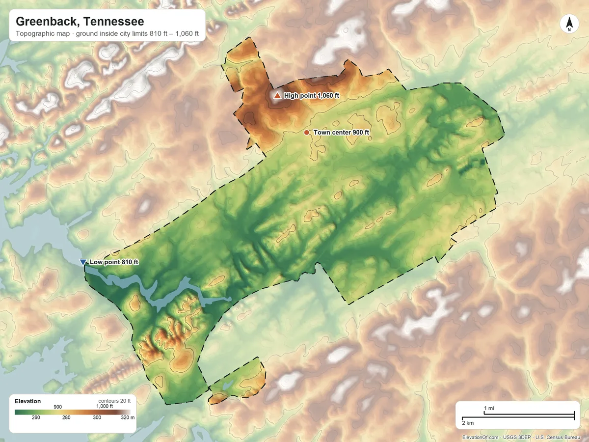 Topographic elevation map of Greenback, Tennessee, shaded from 810 ft on the southwest side to 1,060 ft near the middle