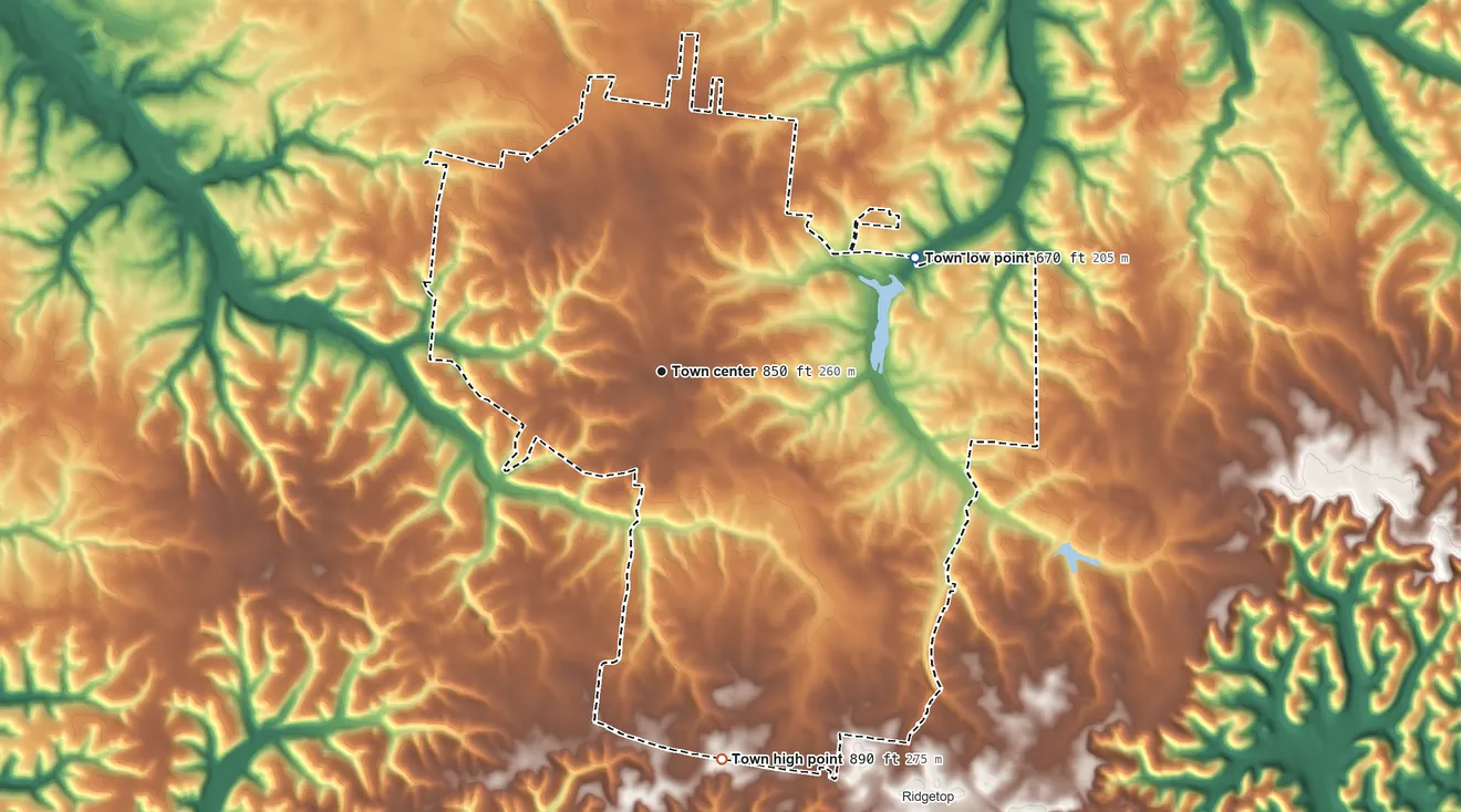 Topographic elevation map of Greenbrier, Tennessee, shaded from 670 ft on the northeast side to 890 ft on the south side