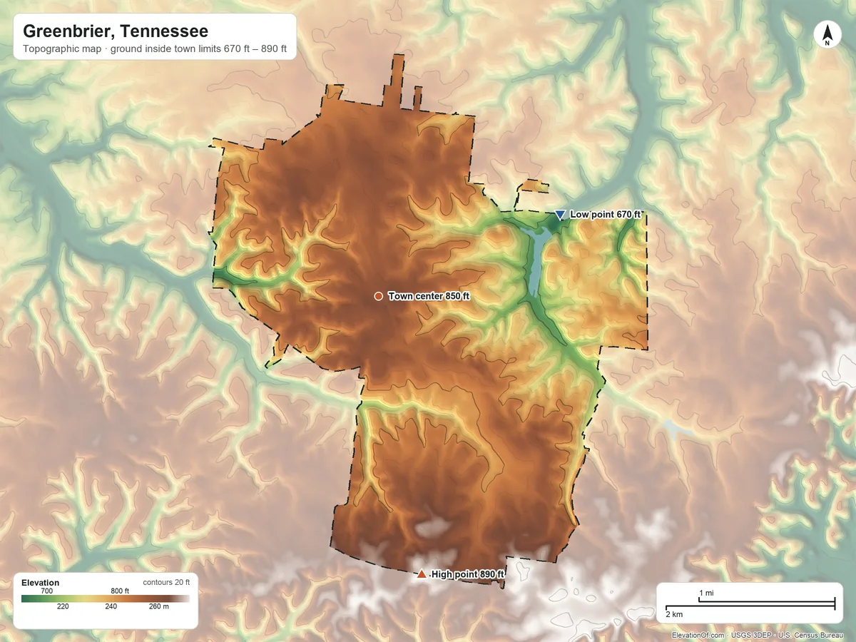 Topographic elevation map of Greenbrier, Tennessee, shaded from 670 ft on the northeast side to 890 ft on the south side