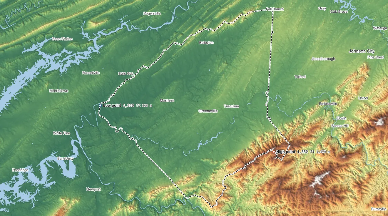 Topographic elevation map of Greene County, Tennessee, shaded from 1,020 ft on the west side to 4,852 ft on Coldspring Mountain