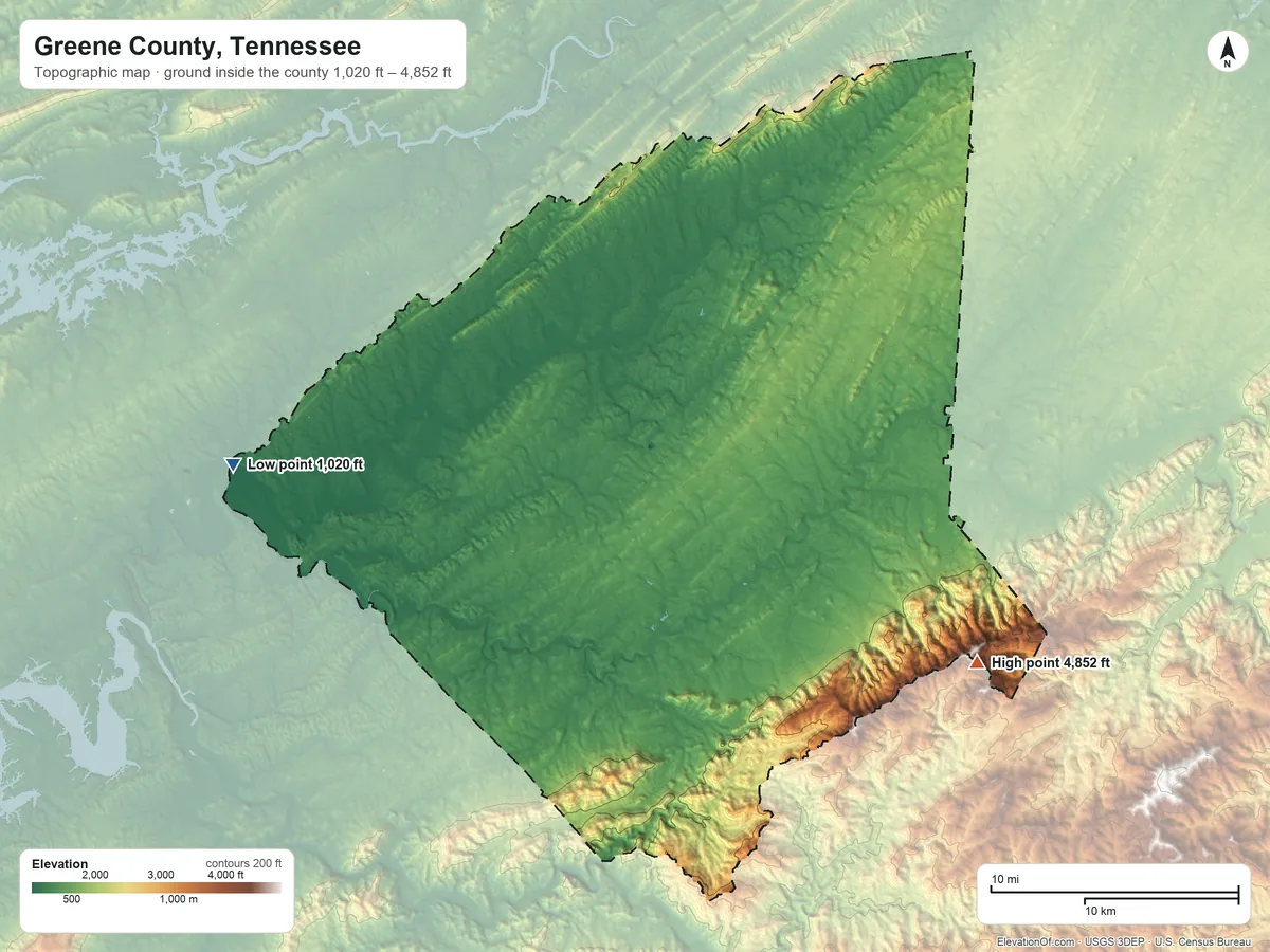 Topographic elevation map of Greene County, Tennessee, shaded from 1,020 ft on the west side to 4,852 ft on Coldspring Mountain