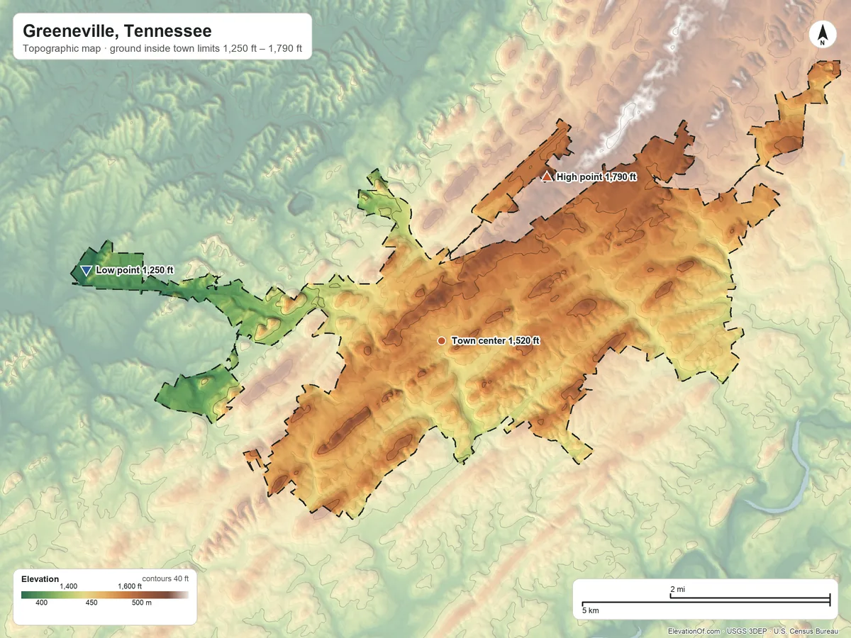 Topographic elevation map of Greeneville, Tennessee, shaded from 1,250 ft on the west side to 1,790 ft on the northeast side