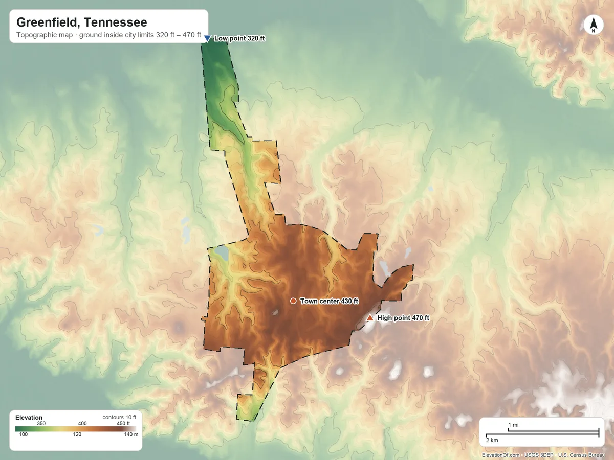 Topographic elevation map of Greenfield, Tennessee, shaded from 320 ft on the north side to 470 ft on the east side