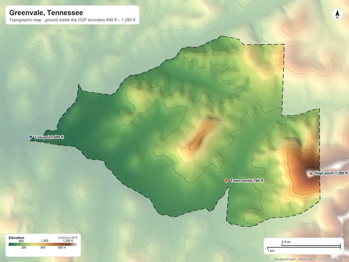 Topographic elevation map of Greenvale, Tennessee, shaded from 690 ft on the west side to 1,280 ft on the east side