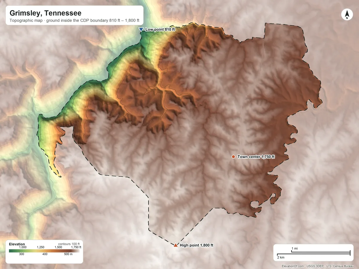 Topographic elevation map of Grimsley, Tennessee, shaded from 810 ft on the northwest side to 1,800 ft on the southwest side
