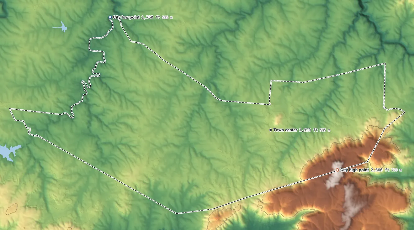 Topographic elevation map of Gruetli-Laager, Tennessee, shaded from 1,760 ft on the northwest side to 2,360 ft on the southeast side