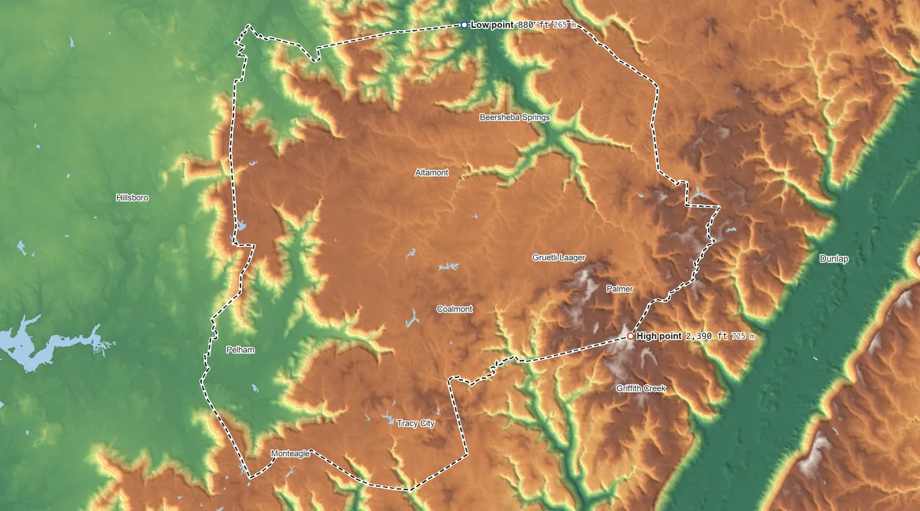 Topographic elevation map of Grundy County, Tennessee, shaded from 880 ft on the north side to 2,390 ft on the southeast side