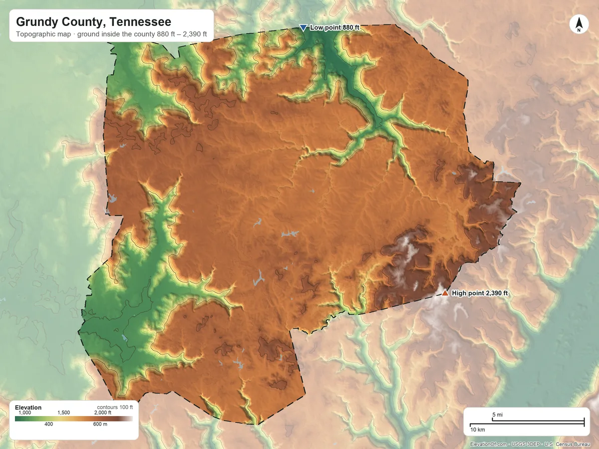 Topographic elevation map of Grundy County, Tennessee, shaded from 880 ft on the north side to 2,390 ft on the southeast side