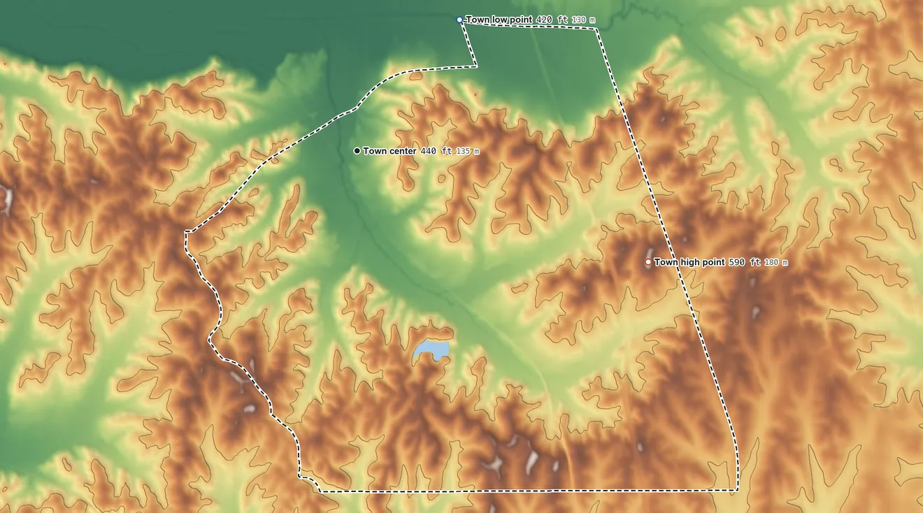 Topographic elevation map of Guys, Tennessee, shaded from 420 ft on the northeast side to 590 ft on the east side