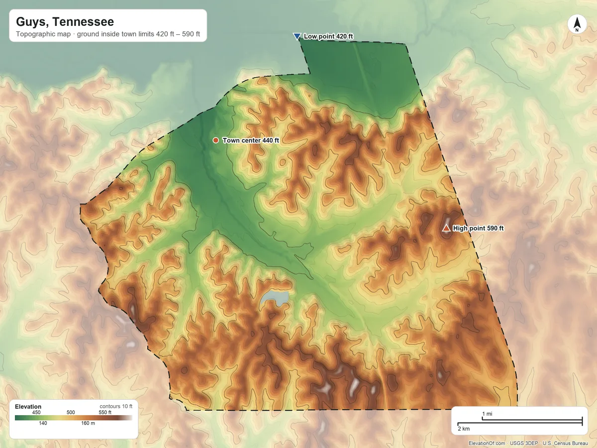 Topographic elevation map of Guys, Tennessee, shaded from 420 ft on the northeast side to 590 ft on the east side