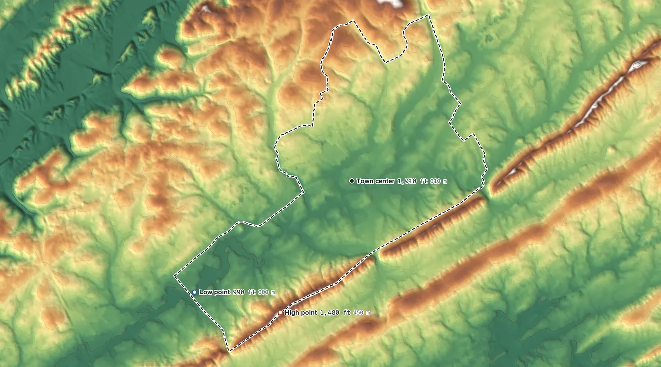 Topographic elevation map of Halls, Tennessee, shaded from 990 ft on the southwest side to 1,480 ft on the southwest side