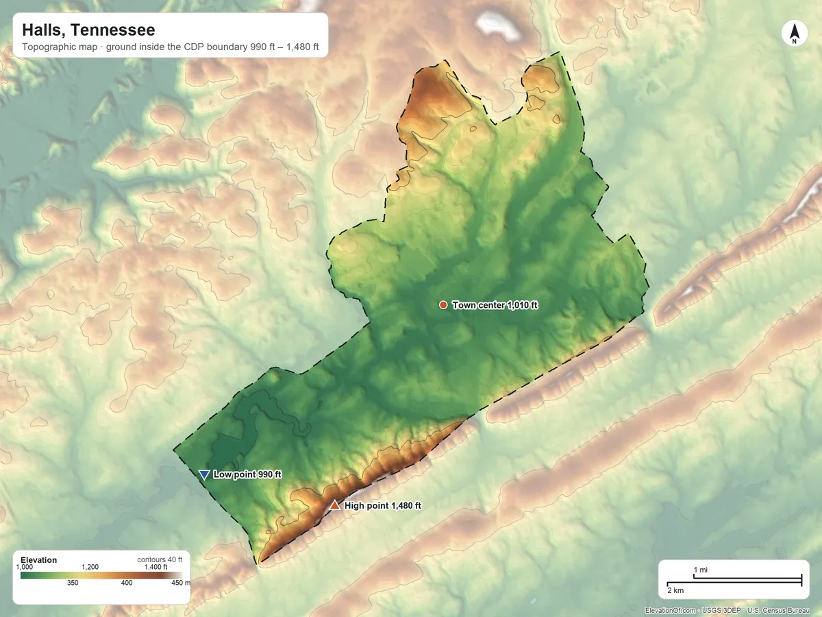 Topographic elevation map of Halls, Tennessee, shaded from 990 ft on the southwest side to 1,480 ft on the southwest side