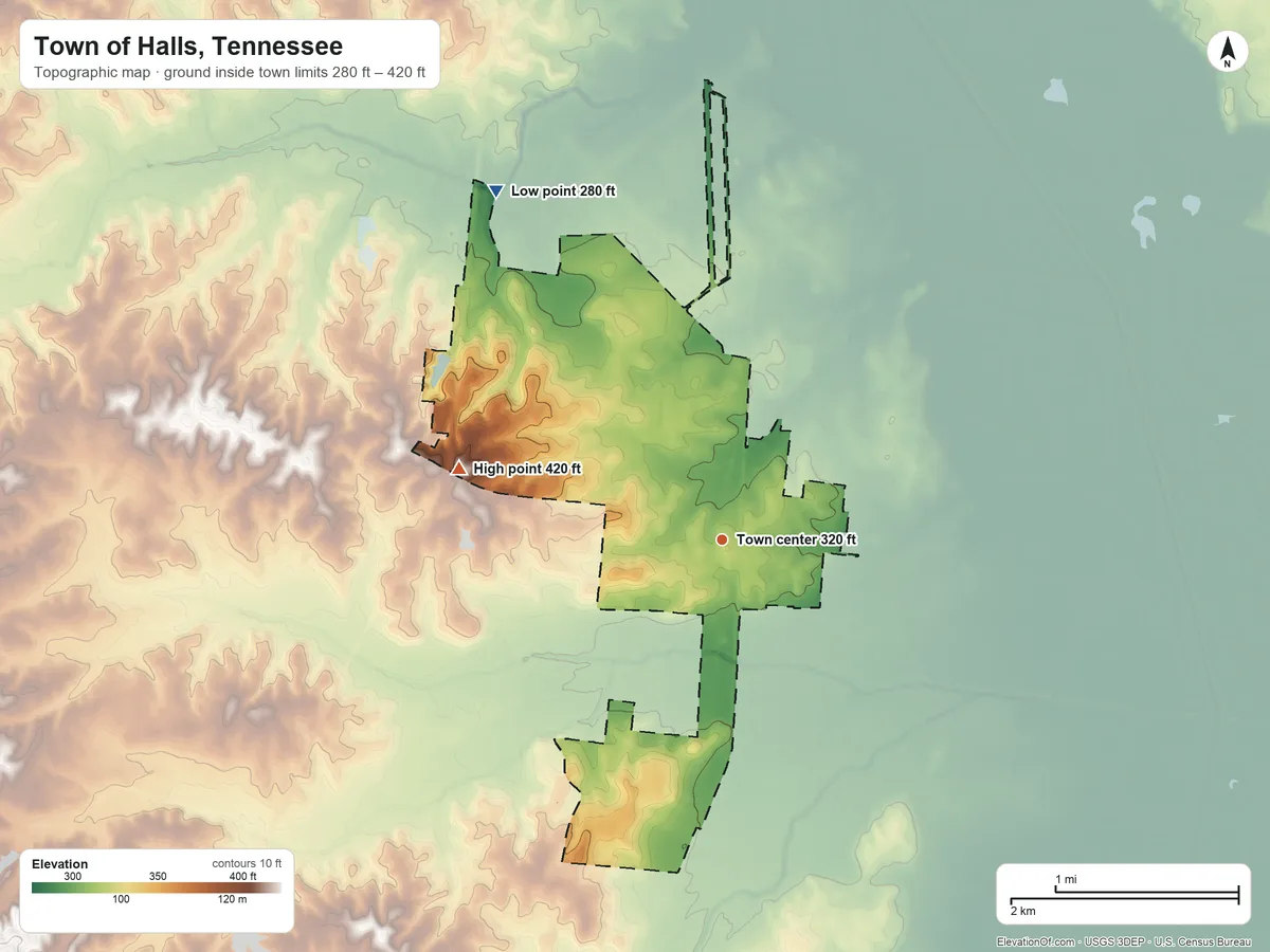 Topographic elevation map of Town of Halls, Tennessee, shaded from 280 ft on the northwest side to 420 ft on the west side
