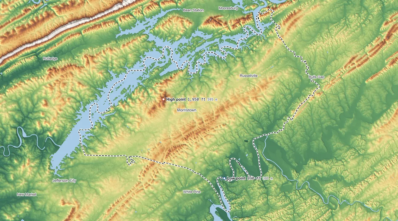 Topographic elevation map of Hamblen County, Tennessee, shaded from 990 ft on the south side to 1,950 ft on the west side