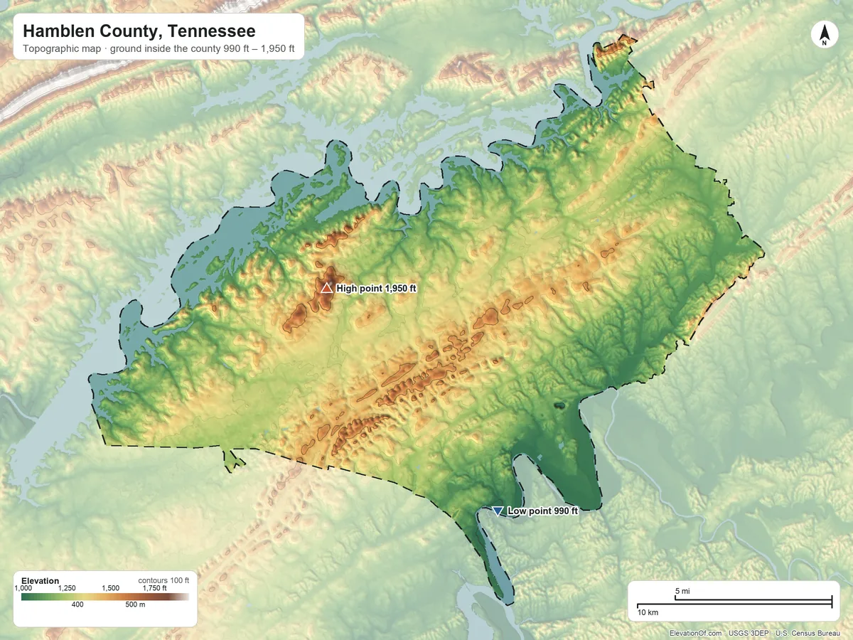 Topographic elevation map of Hamblen County, Tennessee, shaded from 990 ft on the south side to 1,950 ft on the west side