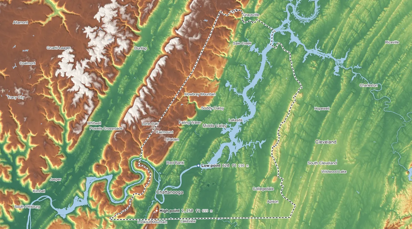 Topographic elevation map of Hamilton County, Tennessee, shaded from 620 ft on the south side to 2,150 ft on the southwest side