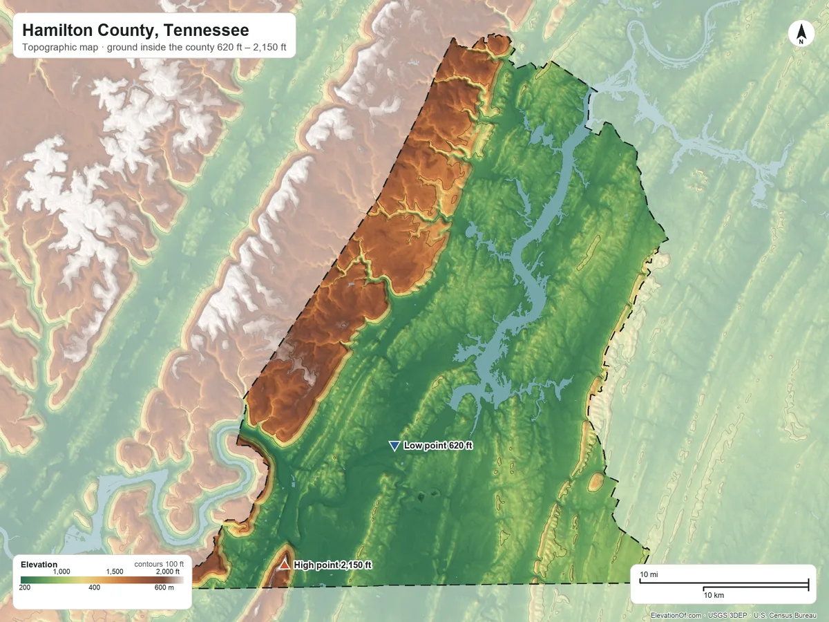 Topographic elevation map of Hamilton County, Tennessee, shaded from 620 ft on the south side to 2,150 ft on the southwest side