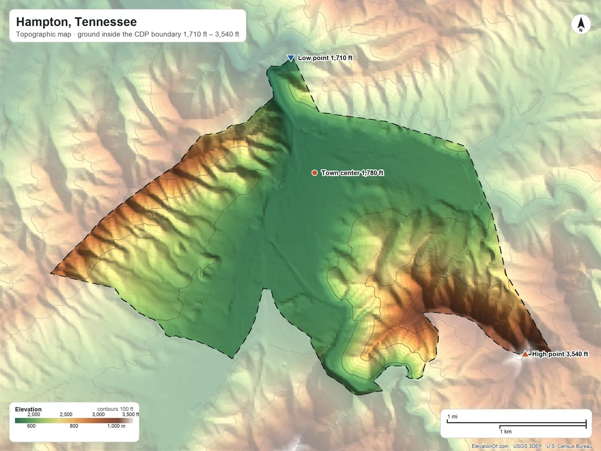 Topographic elevation map of Hampton, Tennessee, shaded from 1,710 ft on the north side to 3,540 ft on the southeast edge, below higher ground just outside