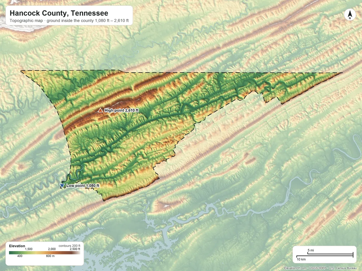 Topographic elevation map of Hancock County, Tennessee, shaded from 1,080 ft on the southwest side to 2,610 ft on the west side