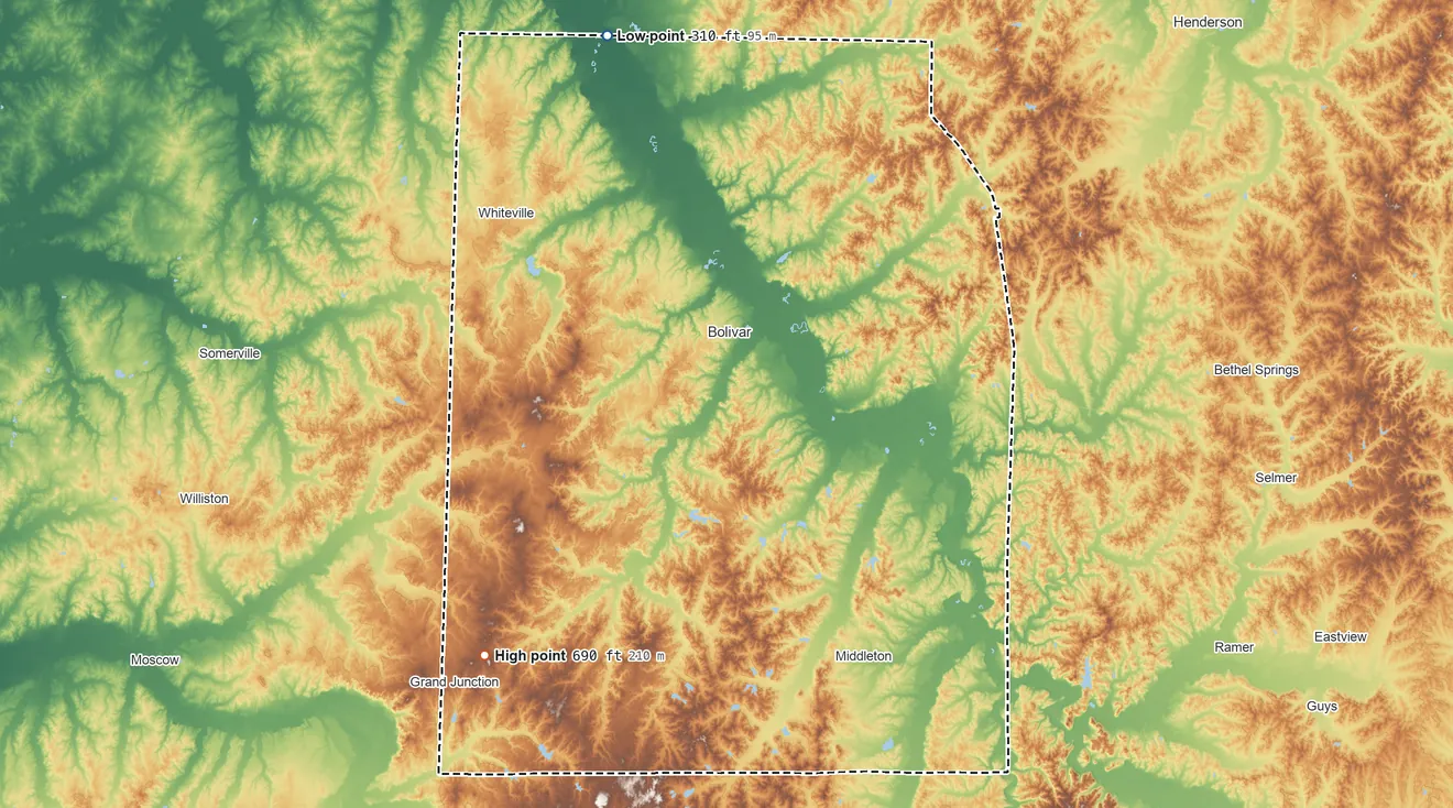 Topographic elevation map of Hardeman County, Tennessee, shaded from 310 ft on the north side to 690 ft on the southwest side