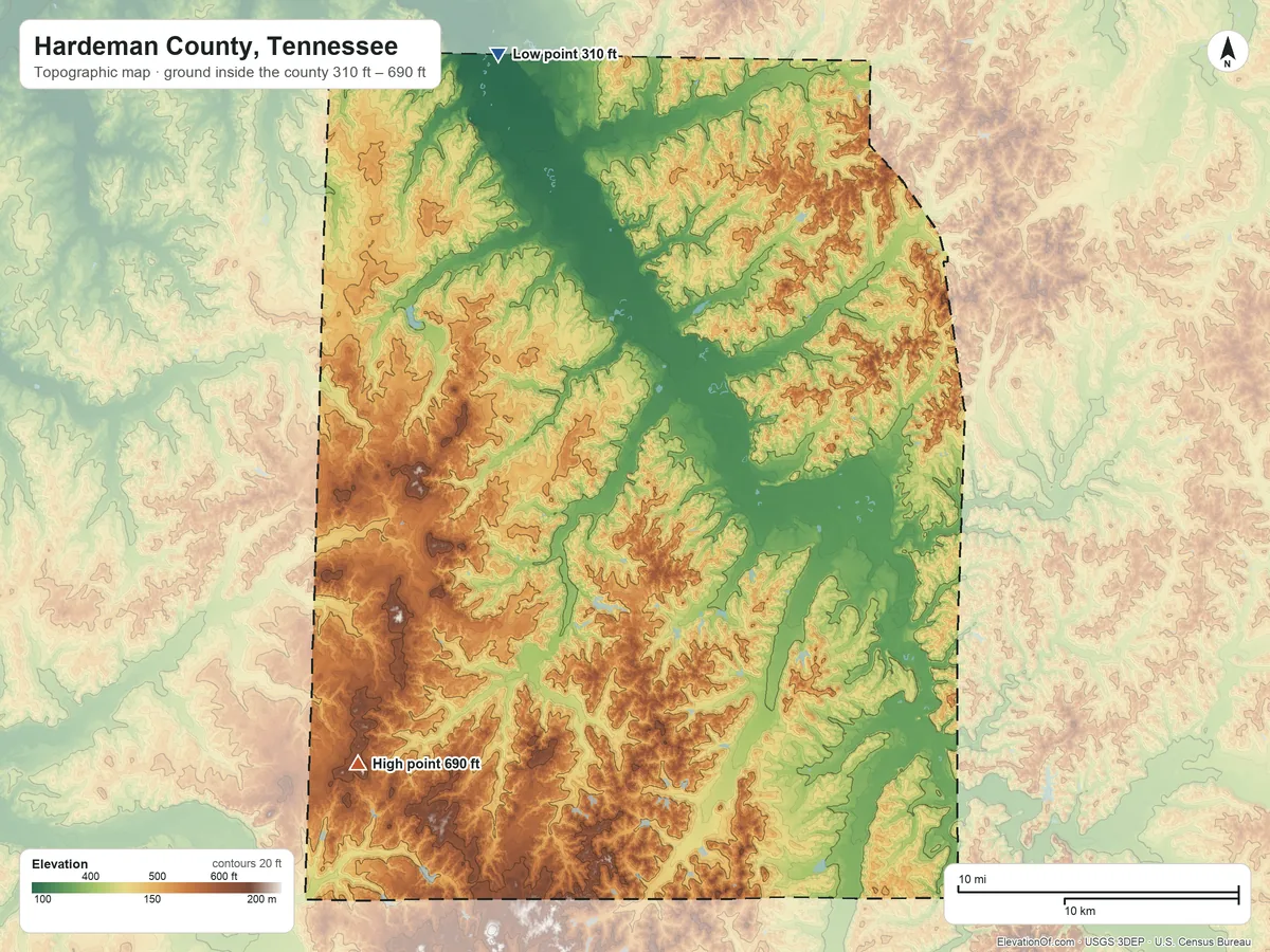Topographic elevation map of Hardeman County, Tennessee, shaded from 310 ft on the north side to 690 ft on the southwest side