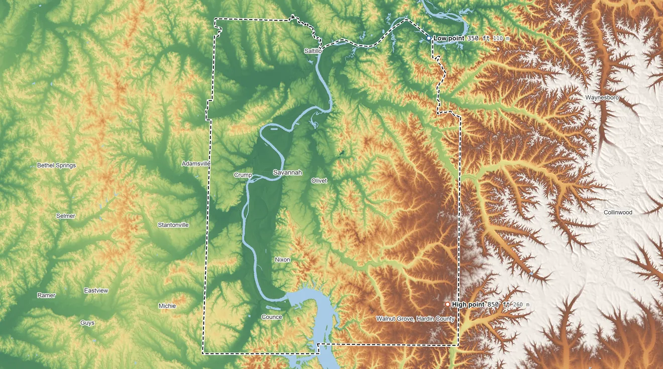 Topographic elevation map of Hardin County, Tennessee, shaded from 350 ft on the northeast side to 850 ft on the southeast side