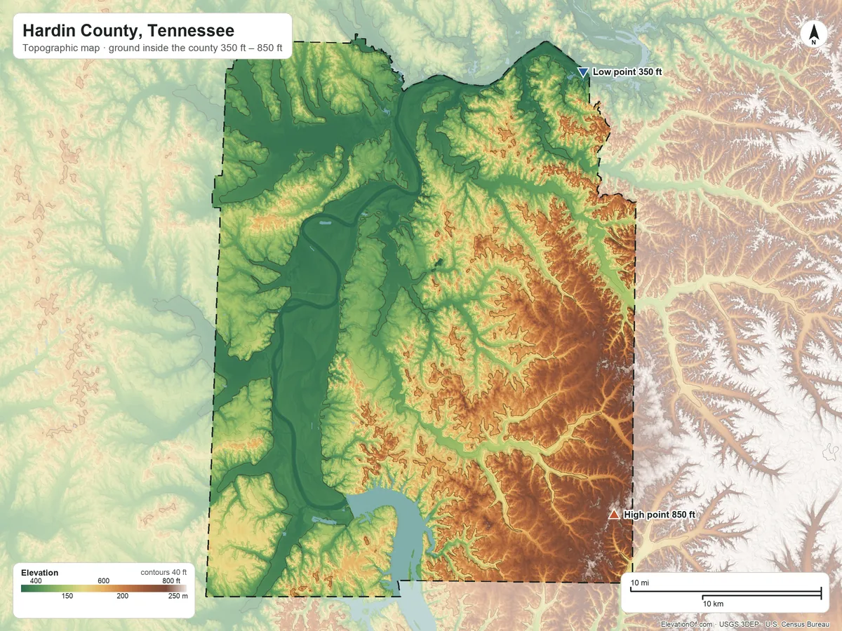 Topographic elevation map of Hardin County, Tennessee, shaded from 350 ft on the northeast side to 850 ft on the southeast side