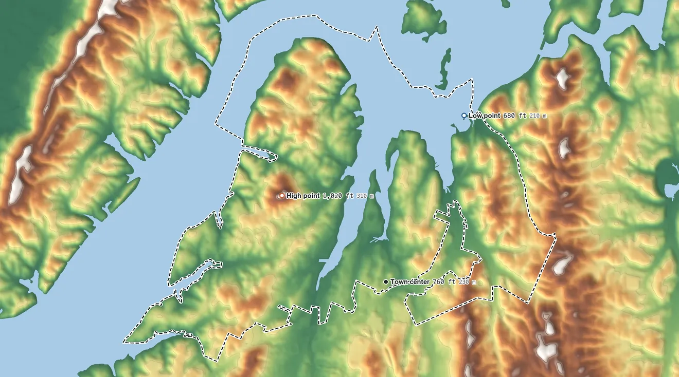 Topographic elevation map of Harrison, Tennessee, shaded from 680 ft on the northeast side to 1,020 ft on the northwest side