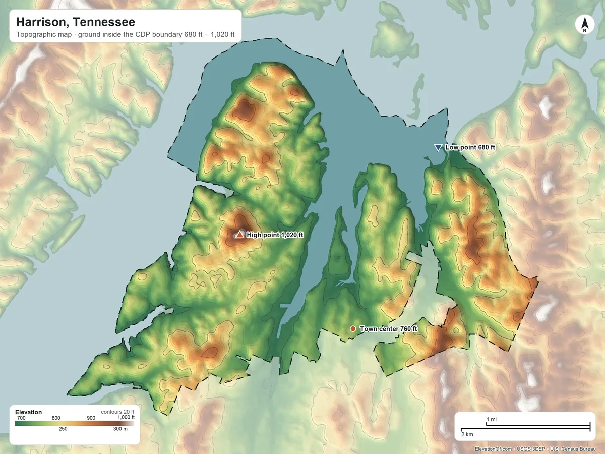 Topographic elevation map of Harrison, Tennessee, shaded from 680 ft on the northeast side to 1,020 ft on the northwest side