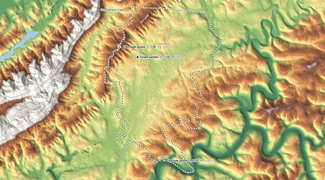 Topographic elevation map of Harrogate, Tennessee, shaded from 1,050 ft on the south side to 1,790 ft on the northwest edge, below higher ground just outside