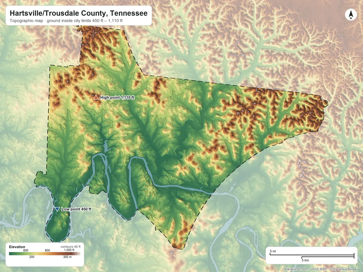 Topographic elevation map of Hartsville/Trousdale County, Tennessee, shaded from 450 ft on the southwest side to 1,110 ft on the northwest side