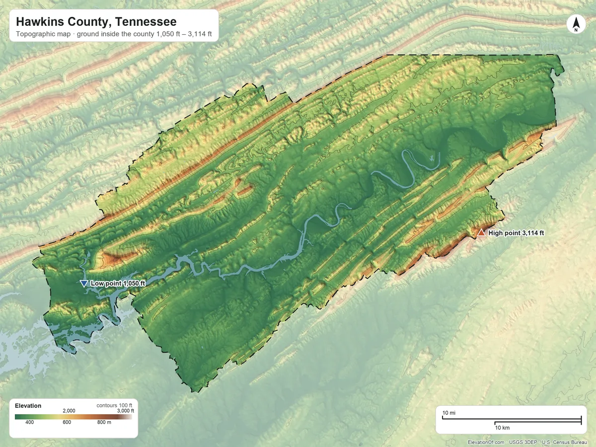 Topographic elevation map of Hawkins County, Tennessee, shaded from 1,050 ft on the west side to 3,114 ft on Chimneytop Mountain