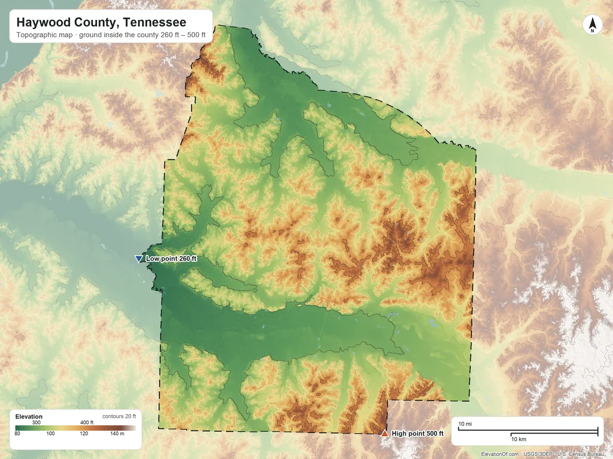 Topographic elevation map of Haywood County, Tennessee, shaded from 260 ft on the west side to 500 ft on the south side